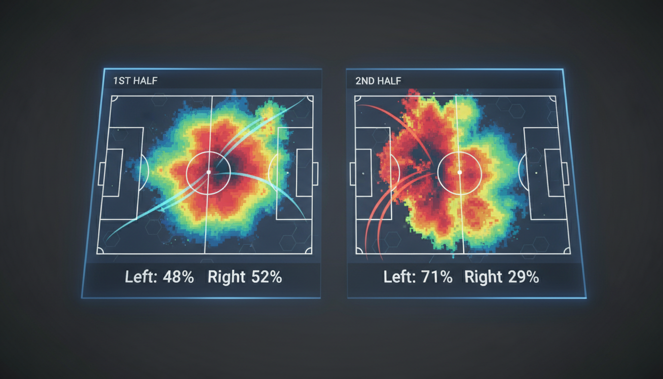 Heatmap comparison of Vancouver Whitecaps attacking activity in the first half vs. second half of the second leg. First half should show a more balanced distribution, while the second half should heavily favor the left side of the attack. Include percentage of attacks down each flank.