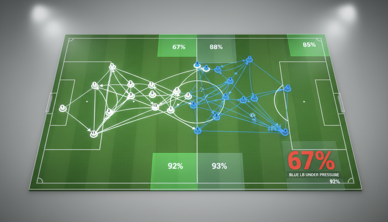 Diagram illustrating the passing networks of both teams in the second half, highlighting the increased frequency and directionality of Vancouver's passes towards Saprissa's left defensive flank. Include numbers for pass completion rates in different zones of the field, specifically highlighting Saprissa's left-back's completion rate under pressure.