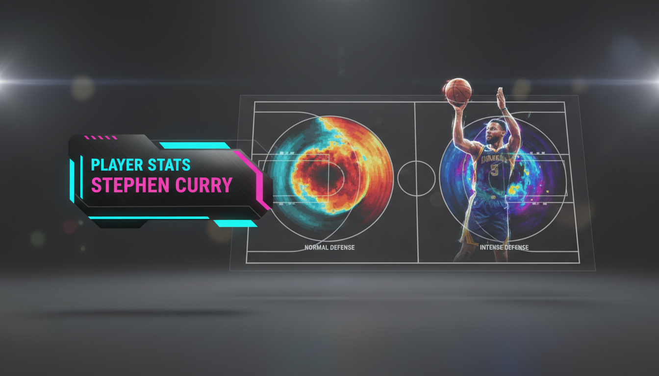 Heatmap showing Stephen Curry's shot chart with and without specific defensive pressure. Highlight differences in efficiency from various zones.