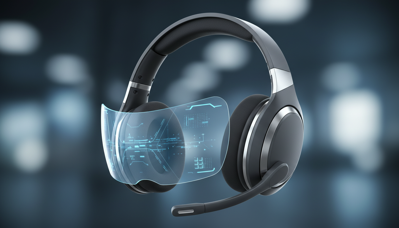 Single Device Render of a sleek, futuristic headset with integrated microphone and holographic display, showcasing the immersive audio and AR capabilities used in the Olympic broadcast.