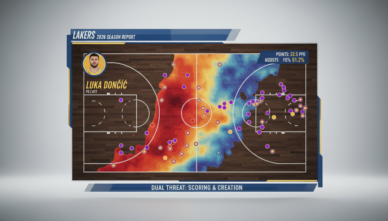 Composite image showing Luka Dončić's shot chart (2026 season) overlaid with a heatmap of his passing locations, highlighting his ability to create scoring opportunities for himself and others.