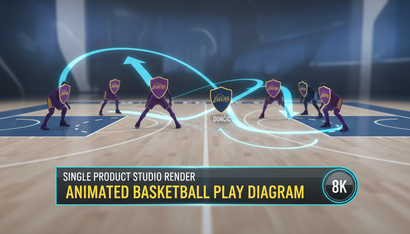 Animated graphic illustrating the Lakers' defensive rotations with Luka Dončić on the court, highlighting his improved positioning and help defense.
